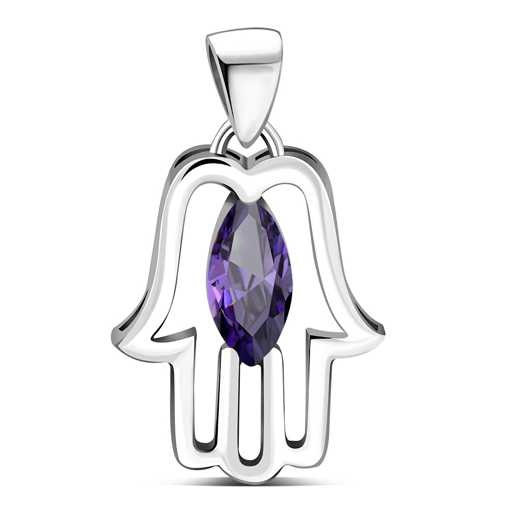 Hamsa Silver Pendant set w/ Amethyst CZ