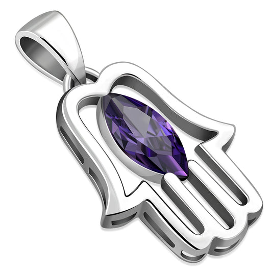 Hamsa Silver Pendant set w/ Amethyst CZ