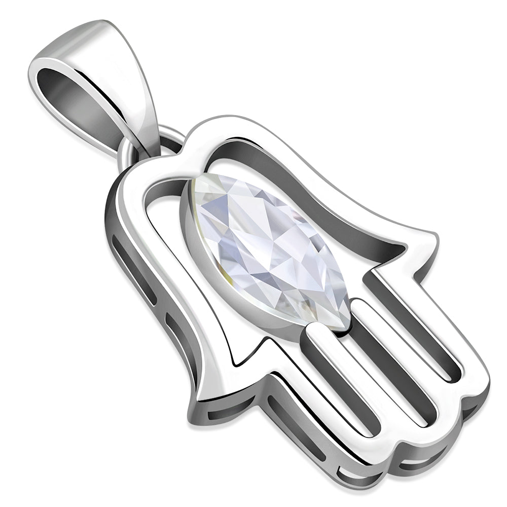 Clear CZ Hamsa Silver Pendant