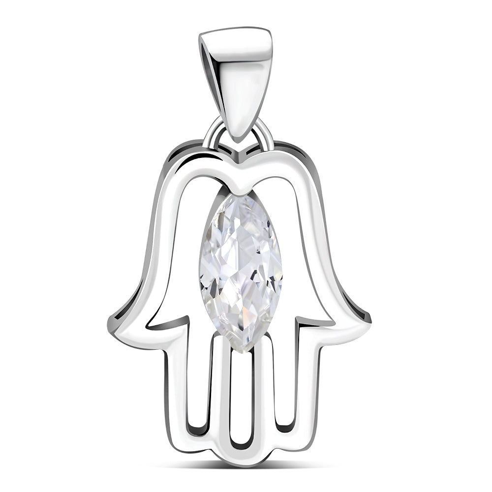 Clear CZ Hamsa Silver Pendant