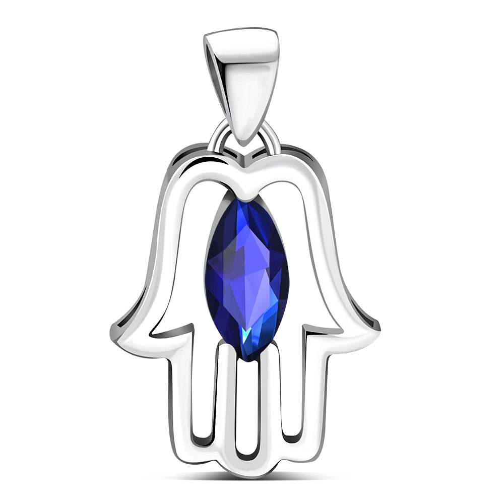 Hamsa Silver Pendant set w/ Blue Sapphire CZ