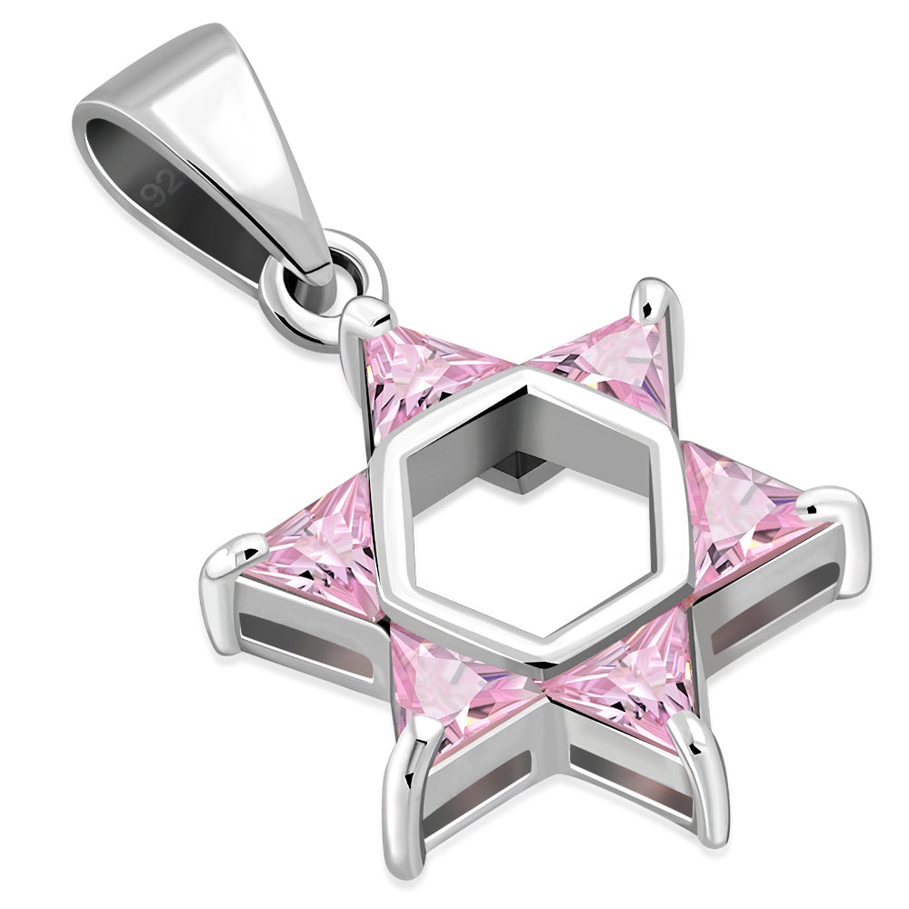 Tiny Star of David Silver Pendant set w/ Pink CZ