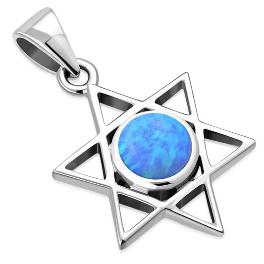 Synthetic Azure Blue Opal Star of David Silver Pendant