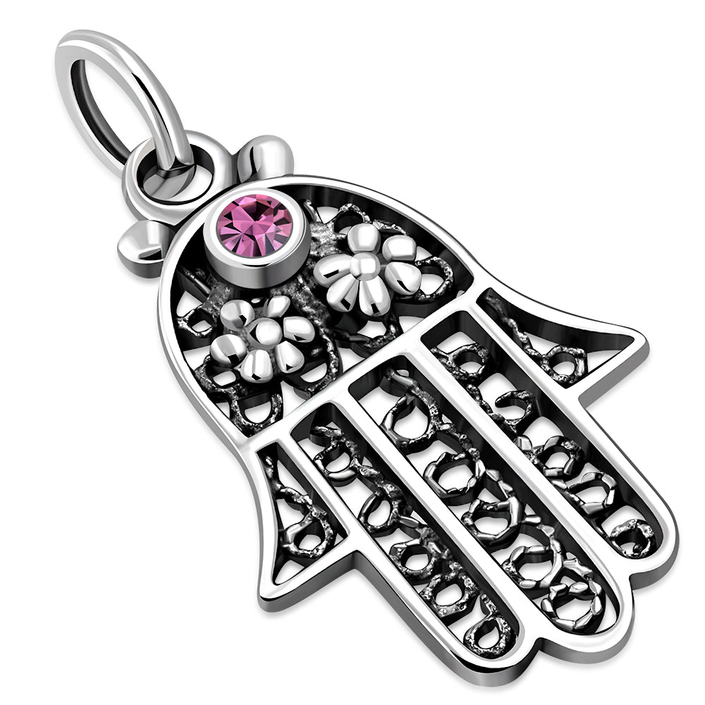 filigree Hamsa Silver Pendantw/ Pink Swarovski