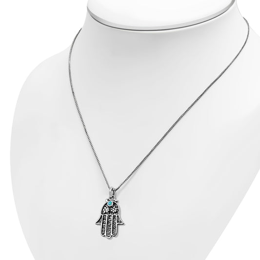 Synthetic Blue Opal filigree Hamsa Silver Pendant