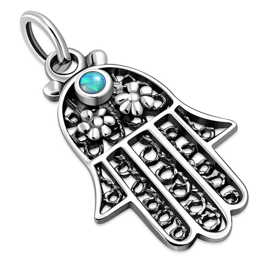 Synthetic Blue Opal filigree Hamsa Silver Pendant