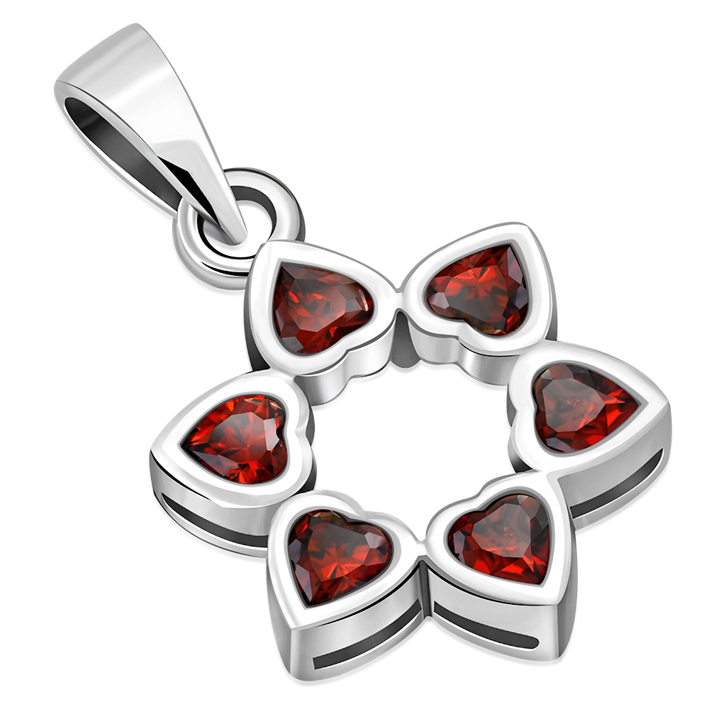 Garnet CZ Heart Shape Star David Silver Pendant