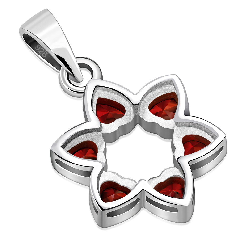 Garnet CZ Heart Shape Star David Silver Pendant