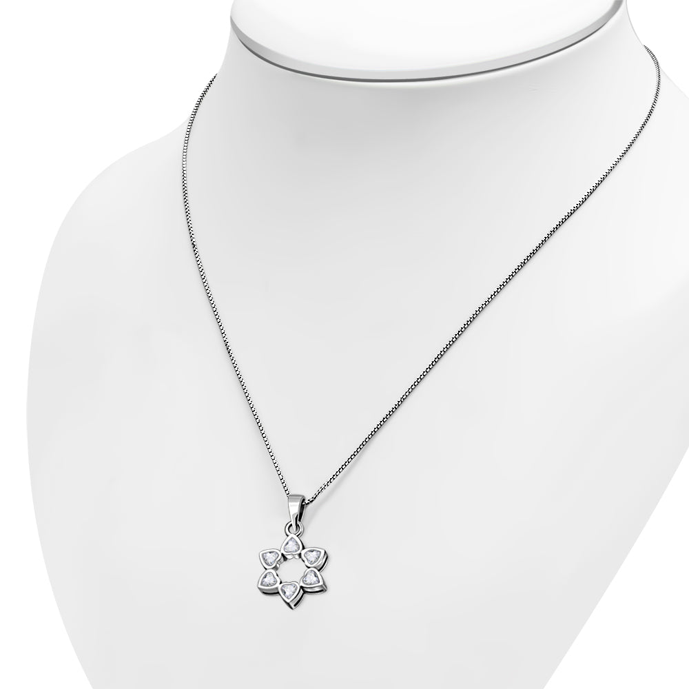 Clear CZ Heart Shape Star David Silver Pendant