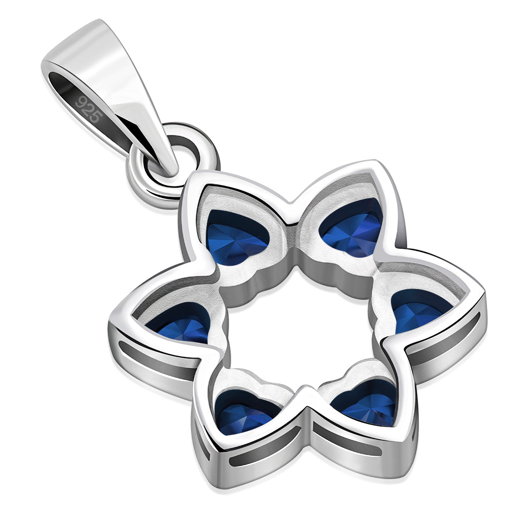 Heart Shape Blue CZ Star David Silver Pendant