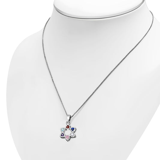 Mix Color CZ Heart Shape Star David Silver Pendant