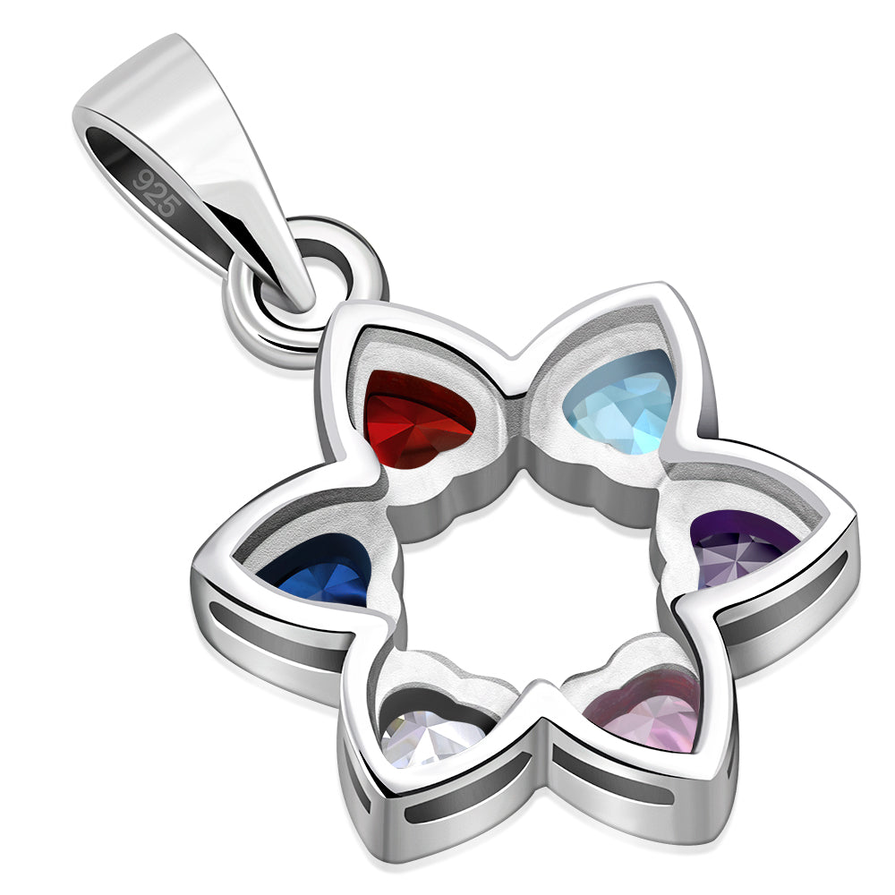 Mix Color CZ Heart Shape Star David Silver Pendant