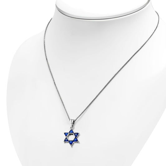 Blue CZ Medium Star David Silver Pendant