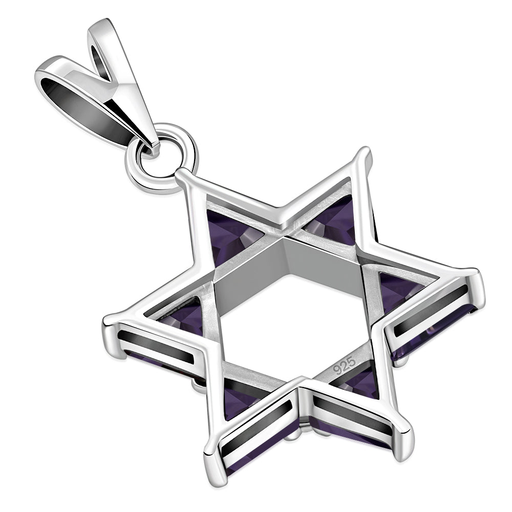Large Star David Silver Pendant Amethyst CZ