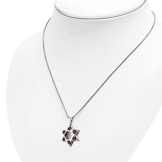 Large Star David Silver Pendant Garnet CZ