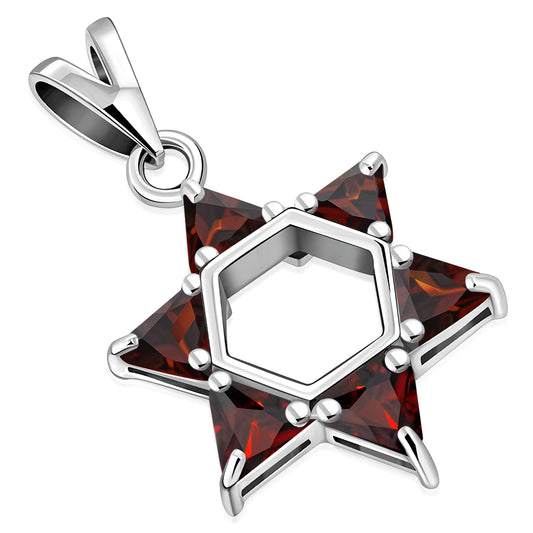 Large Star David Silver Pendant Garnet CZ