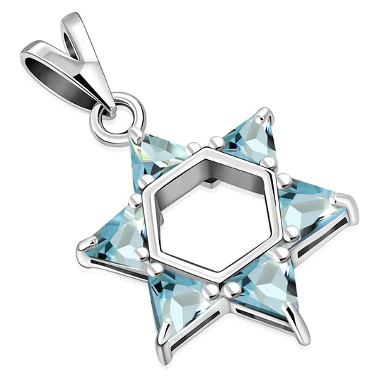 Blue Topaz CZ Large Star David Silver Pendant
