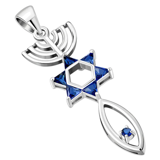 Blue Sapphire CZ Messianic Seal of Jerusalem Silver Pendant