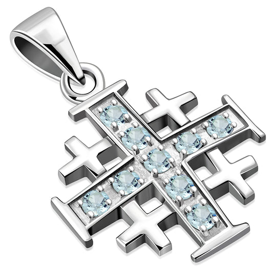 Jerusalem Cross Silver Pendant set w/ Blue Topaz Stone