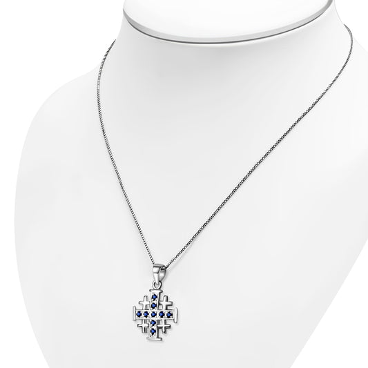 Blue Sapphire CZ Jerusalem Cross Silver Pendant