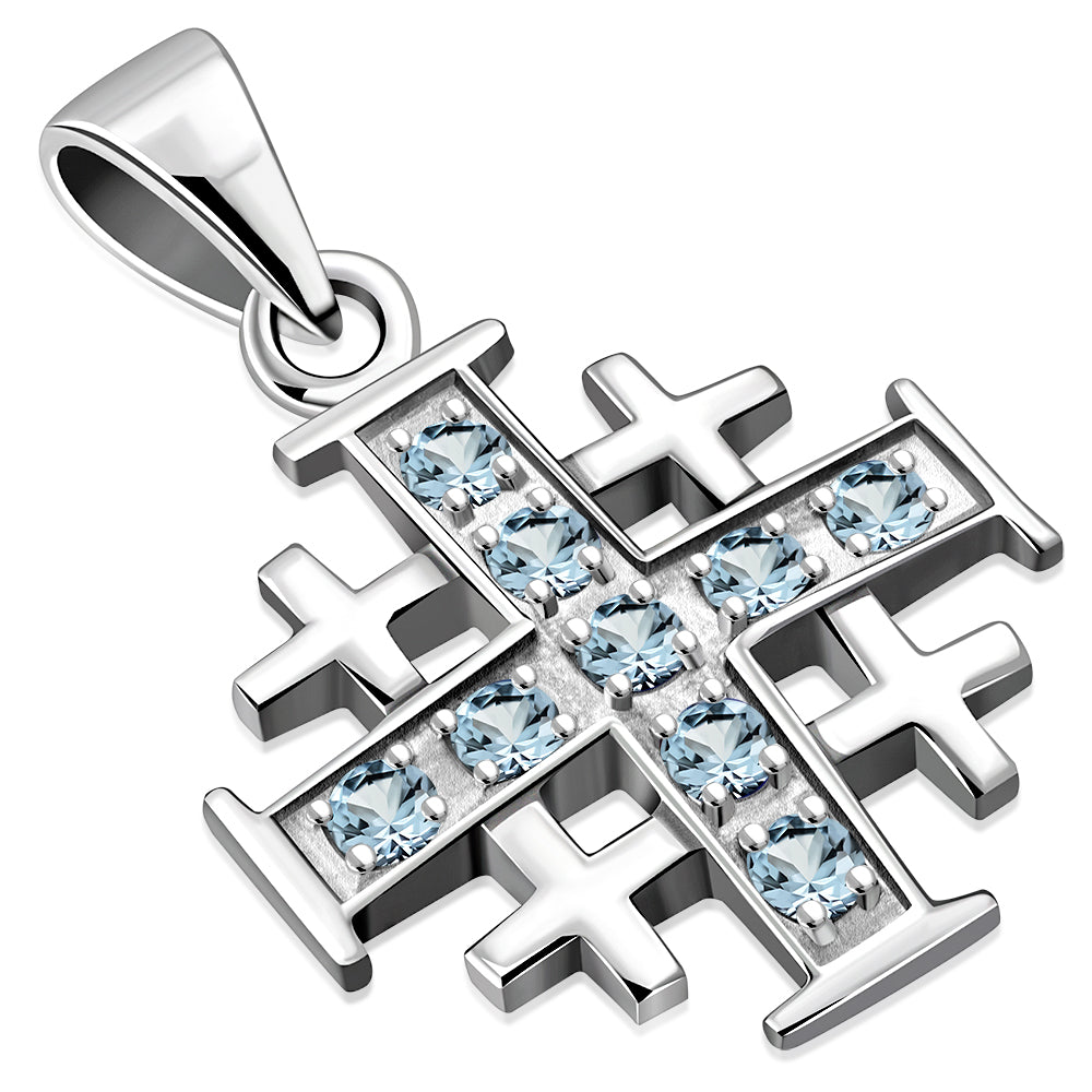 Blue Topaz CZ Jerusalem Cross Silver Pendant