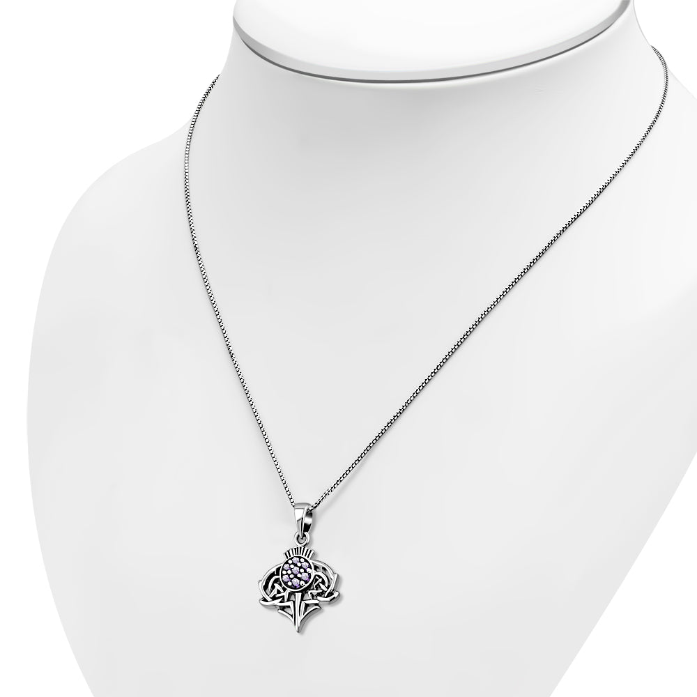 Small Thistle Silver Pendant set w/ Amethyst CZ