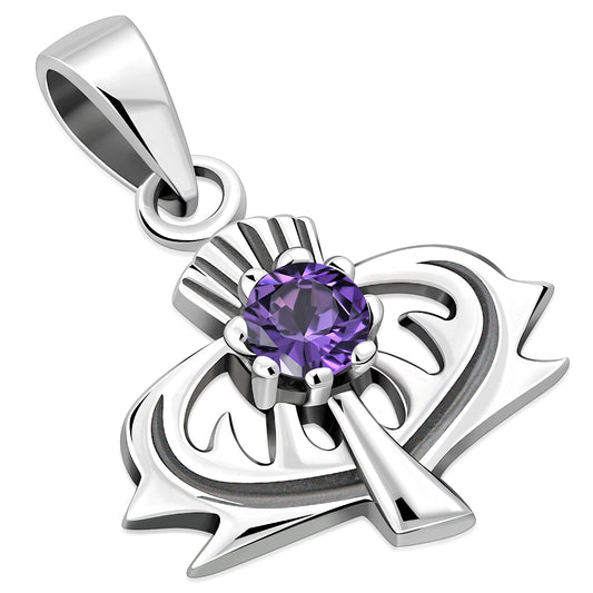 Tiny Silver Thistle Pendant set w/ Amethyst CZ