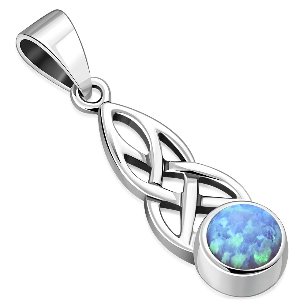 Synthetic Blue Opal Celtic Knot Small Silver Pendant