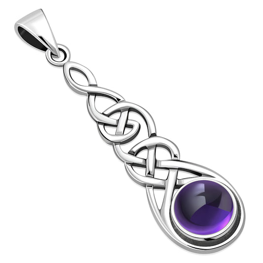 Long Celtic Silver Pendant set w/ Amethyst Stone