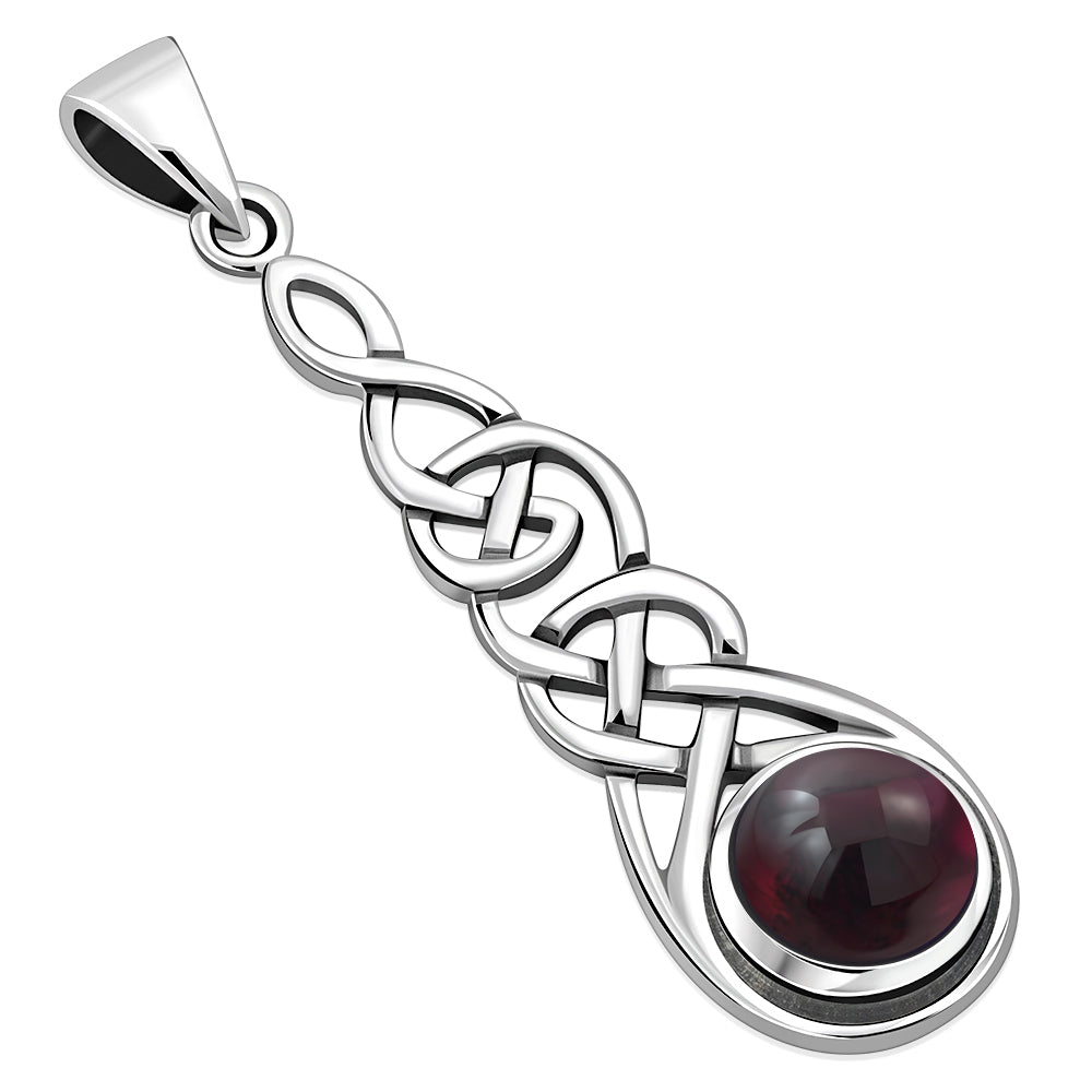 Long Celtic Silver Pendant set w/ Garnet