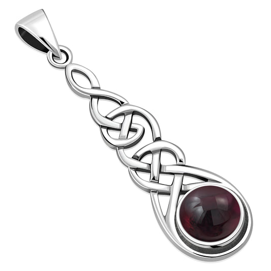 Long Celtic Silver Pendant set w/ Garnet