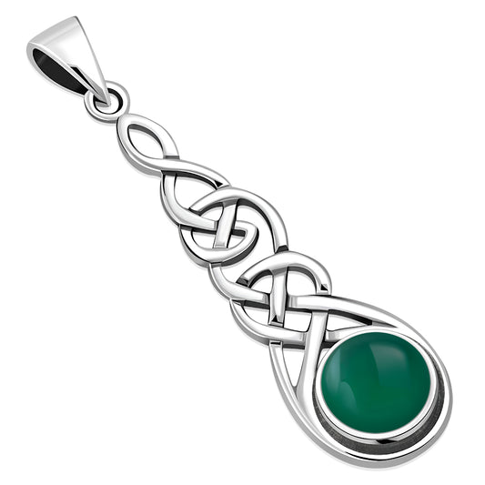 Long Celtic Silver Pendant set w/ Green Agate