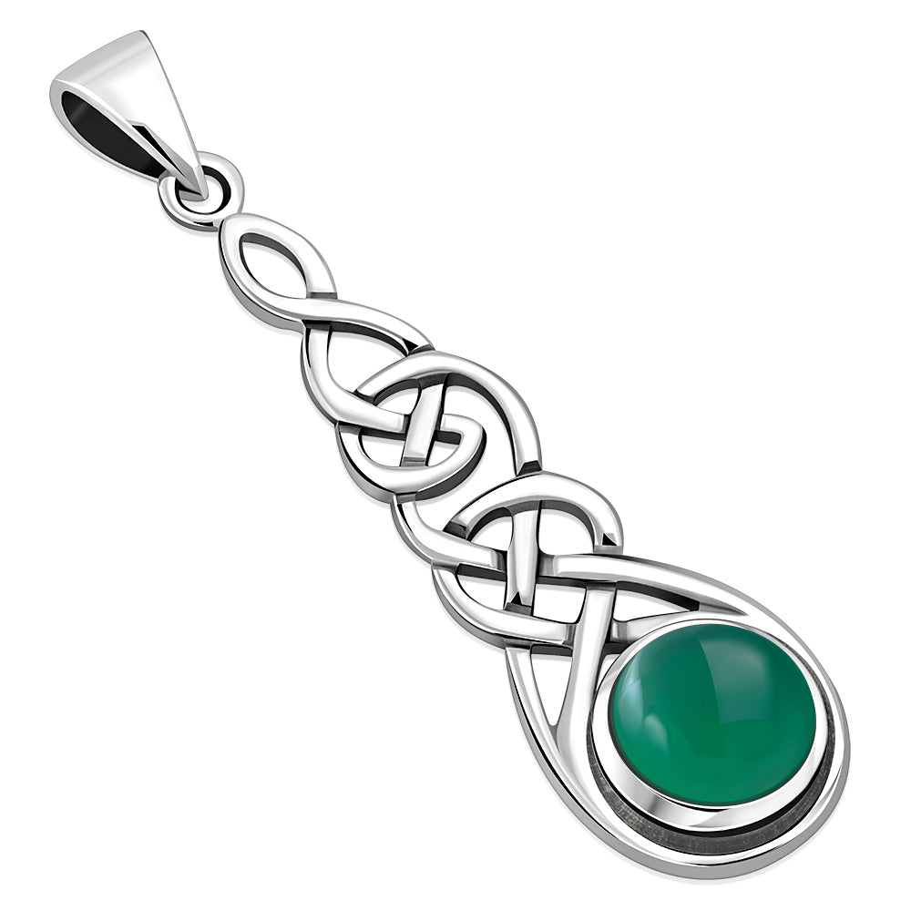 Long Celtic Silver Pendant set w/ Green Agate