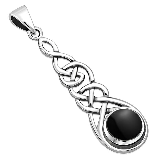 Long Celtic Silver Pendant set w/ Black Onyx