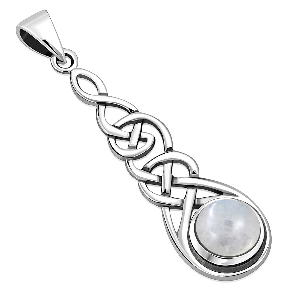 Long Celtic Silver Pendant set w/ Rainbow Moon Stone