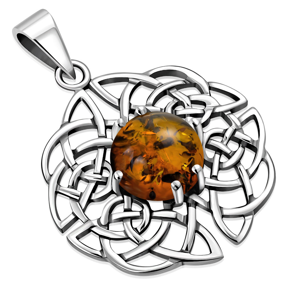 Round Celtic Knot Silver Pendant set w/ Amber