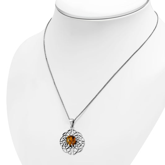 Round Celtic Knot Silver Pendant set w/ Amber