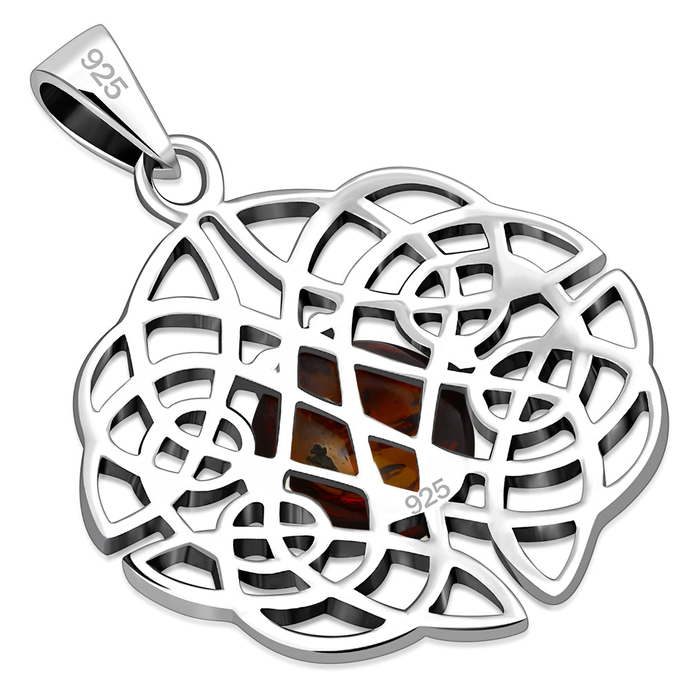 Round Celtic Knot Silver Pendant set w/ Amber