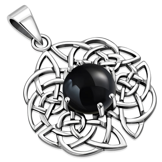 Round Celtic Knot Silver Pendant set w/ Black Onyx