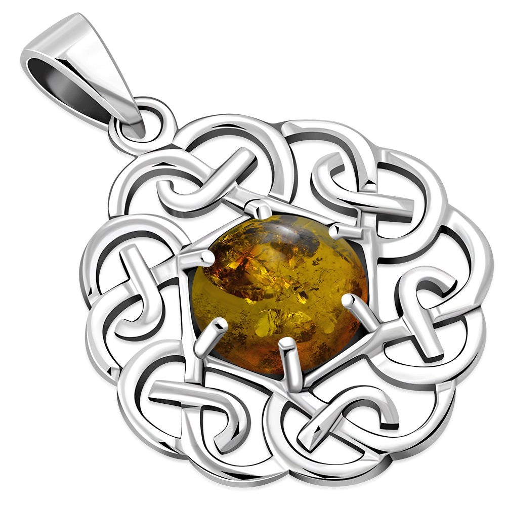 Baltic Amber Round Celtic Knot Silver Pendant