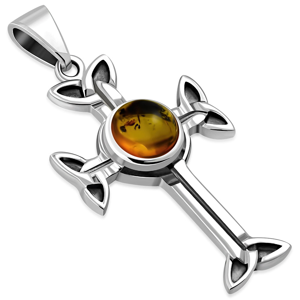Baltic Amber Trinity Knot Cross Silver Pendant