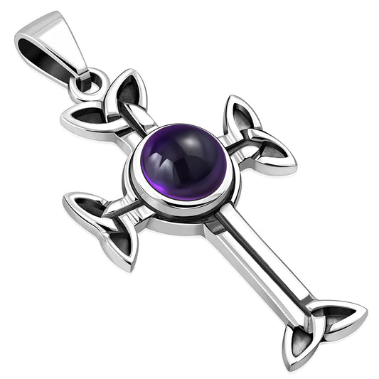 Celtic Trinity Knot Cross Silver Pendant set w/ Amethyst Stone