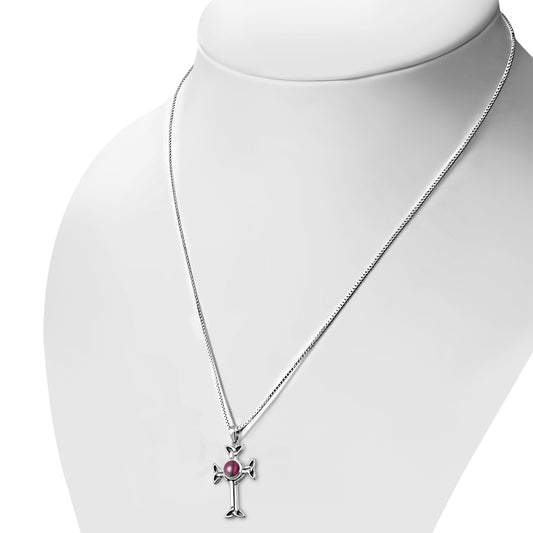 Garnet Stone Celtic Trinity Knot Cross Silver Pendant
