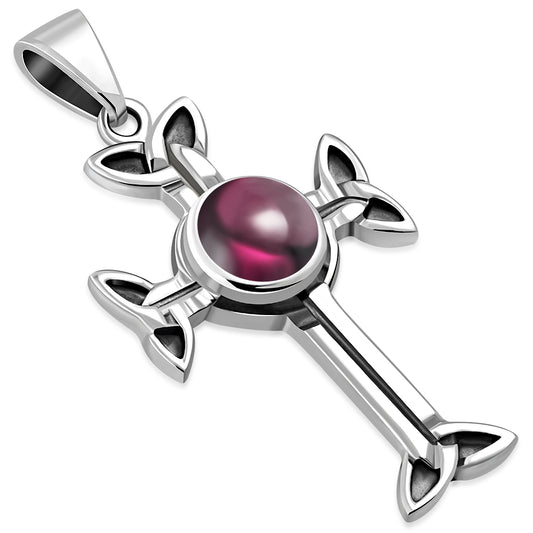 Garnet Stone Celtic Trinity Knot Cross Silver Pendant