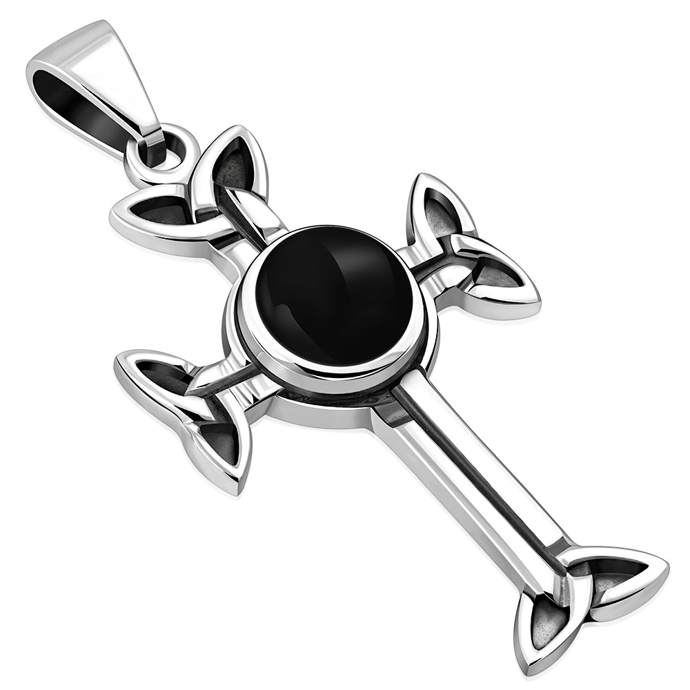 Black Onyx Trinity Knot Cross Silver Pendant