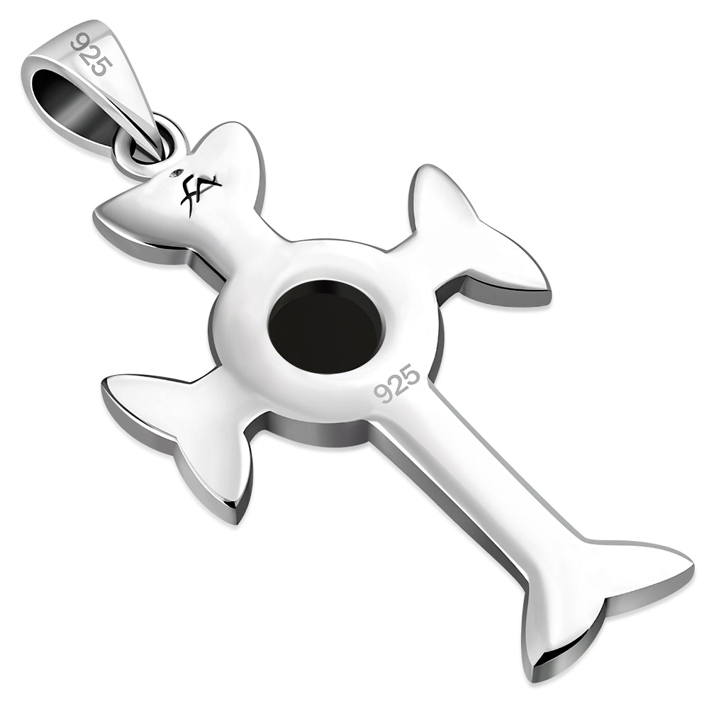 Black Onyx Trinity Knot Cross Silver Pendant