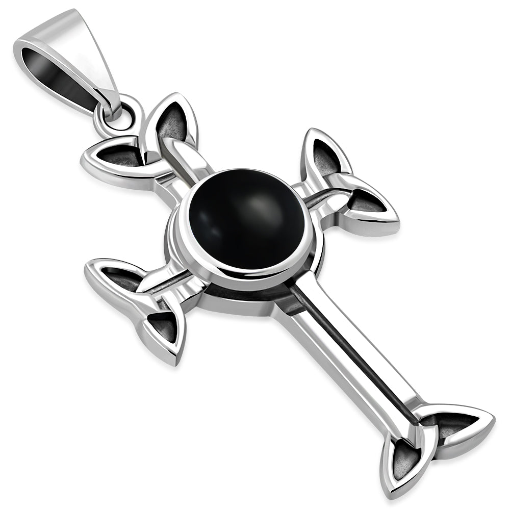 Black Onyx Trinity Knot Cross Silver Pendant