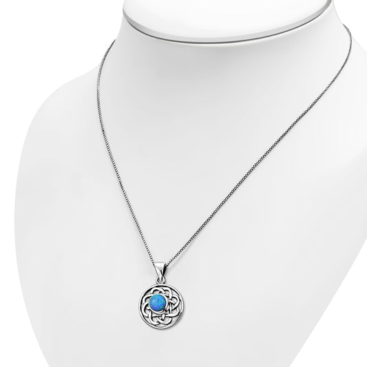 Synthetic Blue Opal Round Celtic Knot Silver Pendant