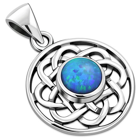 Synthetic Blue Opal Round Celtic Knot Silver Pendant