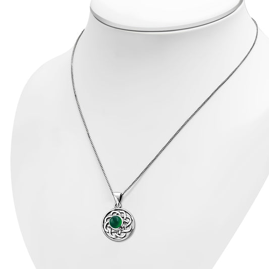 Green Agate Round Celtic Knot Silver Pendant